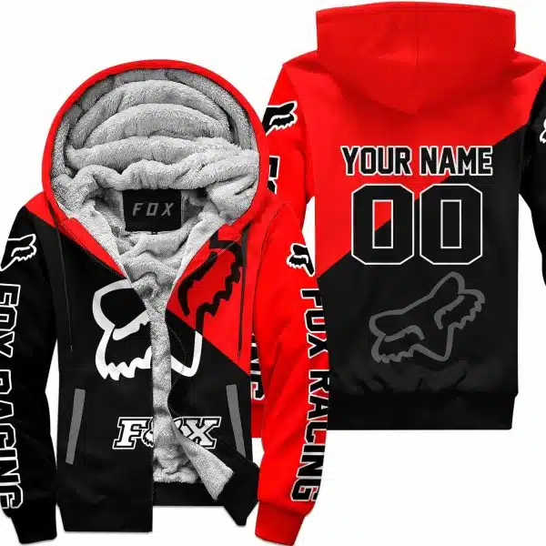 Premium Gift - Custom Name - Fox Racing - Red - Fleece Zip Hoodie
