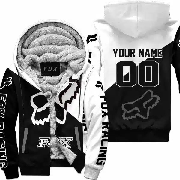 Premium Gift - Custom Name - Fox Racing - White - Fleece Zip Hoodie