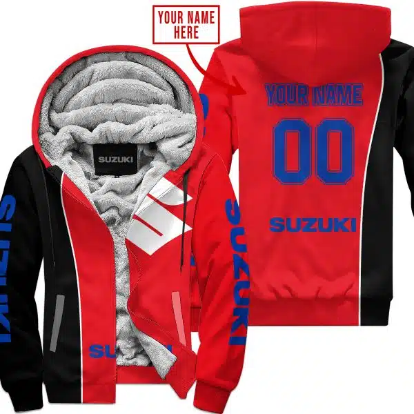 Limited Edition - Custom Name Motocrocss V2 - Suzuki - Red - Fleece Zip Hoodie