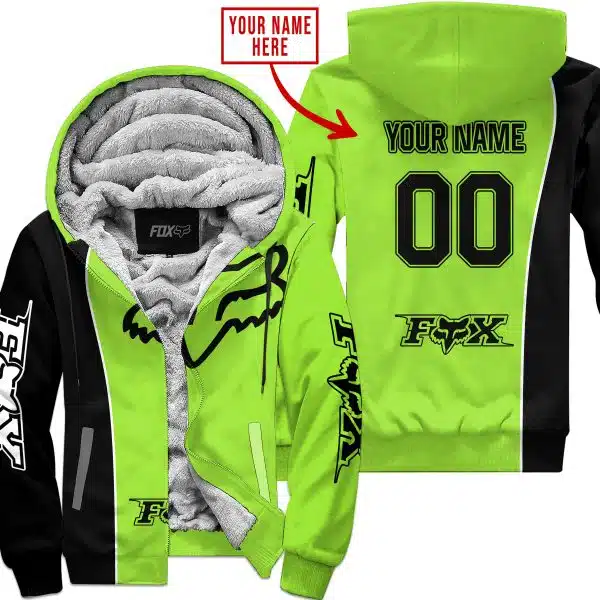 Limited Edition - Custom Name Motocrocss V2 - Fox Racing - Black Green 1 - Fleece Zip Hoodie
