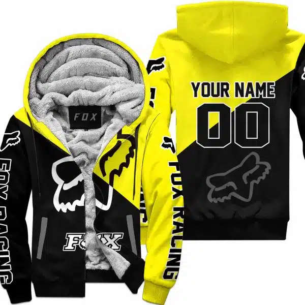 Premium Gift - Custom Name - Fox Racing - Yellow - Fleece Zip Hoodie