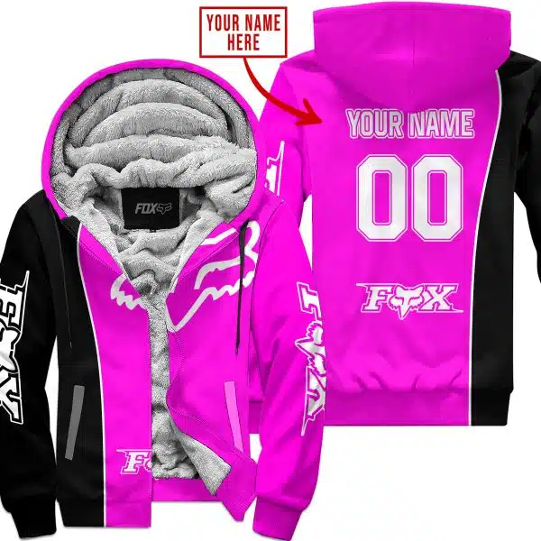 Limited Edition - Custom Name Motocrocss V2 - Fox Racing - Black Pink - Fleece Zip Hoodie