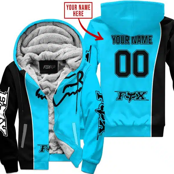 Limited Edition - Custom Name Motocrocss V2 - Fox Racing - Black Sky Blue - Fleece Zip Hoodie