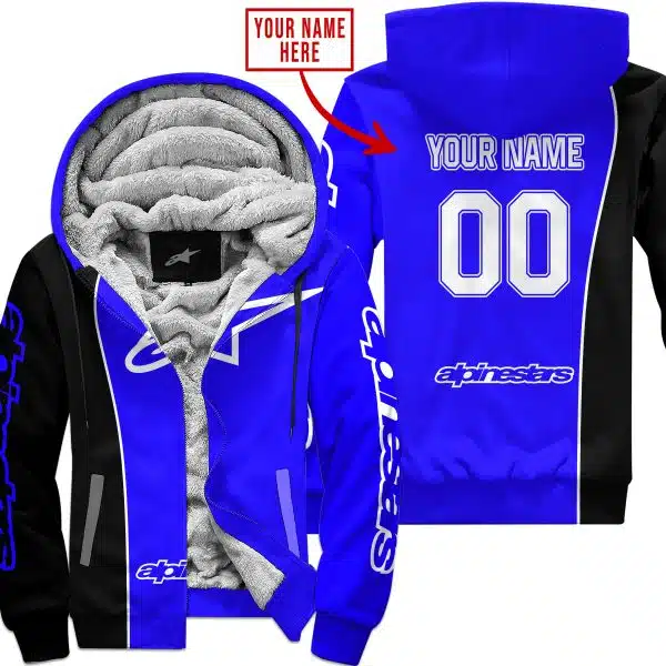 Limited Edition - Custom Name Motocrocss V2 - Alpinestars Black Blue - Fleece Zip Hoodie