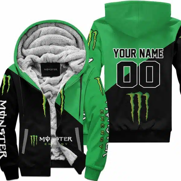 Premium Gift - Custom Name - Monster Energy - Green - Fleece Zip Hoodie