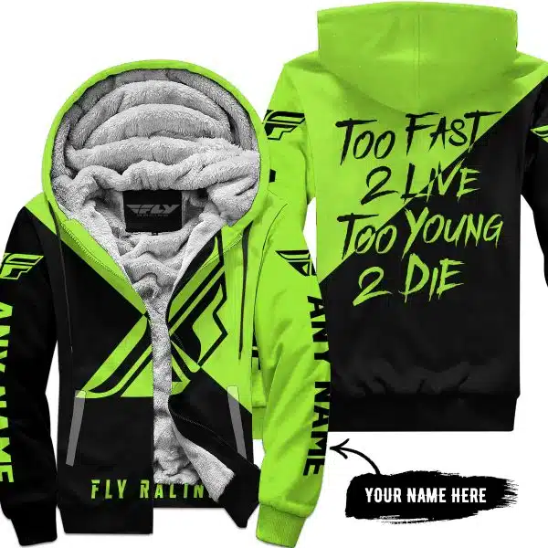 Too Fast To Live Too Young To Die - 3d All Over Printed - Fly Racing Green 1 - Fleece Zip Hoodie