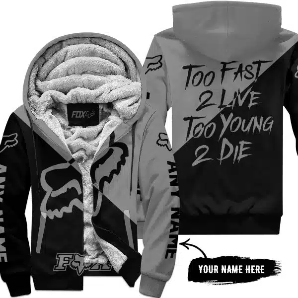 Too Fast To Live Too Young To Die - 3d All Over Printed - Fox Racing - Grey - Fleece Zip Hoodie