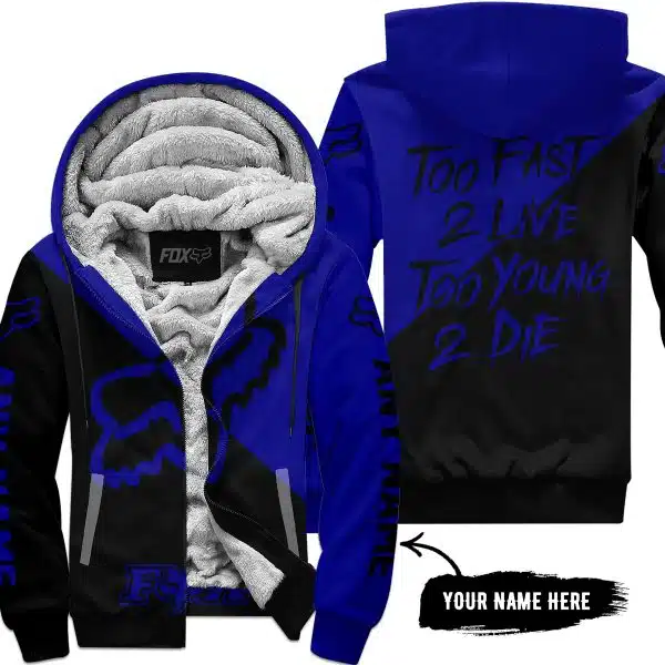 Too Fast To Live Too Young To Die - 3d All Over Printed - Fox Racing - Navy - Fleece Zip Hoodie