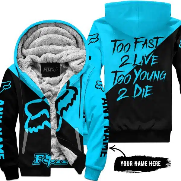 Too Fast To Live Too Young To Die - 3d All Over Printed - Fox Racing - Sky Blue - Fleece Zip Hoodie