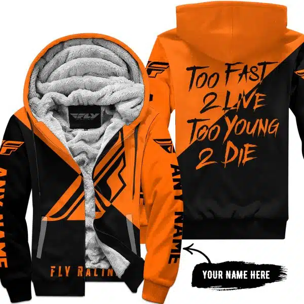 Too Fast To Live Too Young To Die - 3d All Over Printed - Fly Racing Orange - Fleece Zip Hoodie