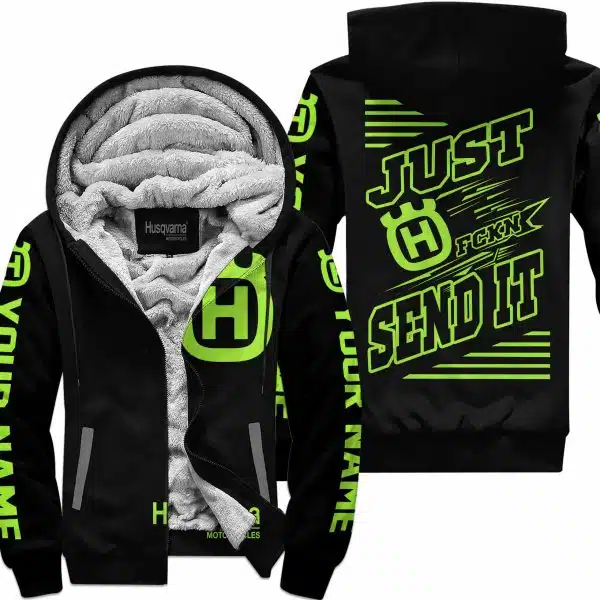 Premium Just Fckn Gonna Send It - Custom Name - Husqvarna - Green 1 Black - Fleece Zip Hoodie - Image 2