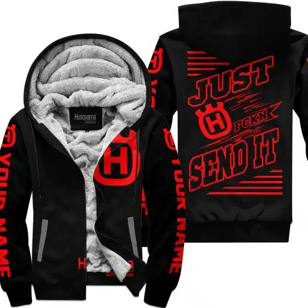 Premium Just Fckn Gonna Send It - Custom Name - Husqvarna - Red Black - Fleece Zip Hoodie - Image 2