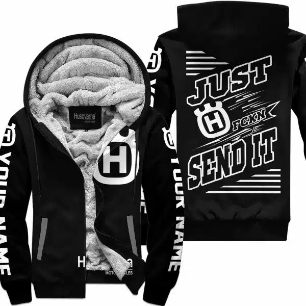 Premium Just Fckn Gonna Send It - Custom Name - Husqvarna - White Black - Fleece Zip Hoodie - Image 2