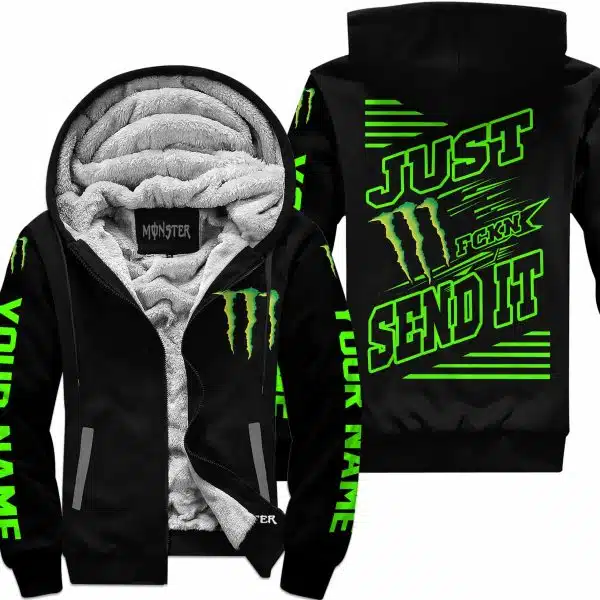 Premium Just Fckn Gonna Send It - Custom Name - Monster Energy - Green Black - Fleece Zip Hoodie - Image 2