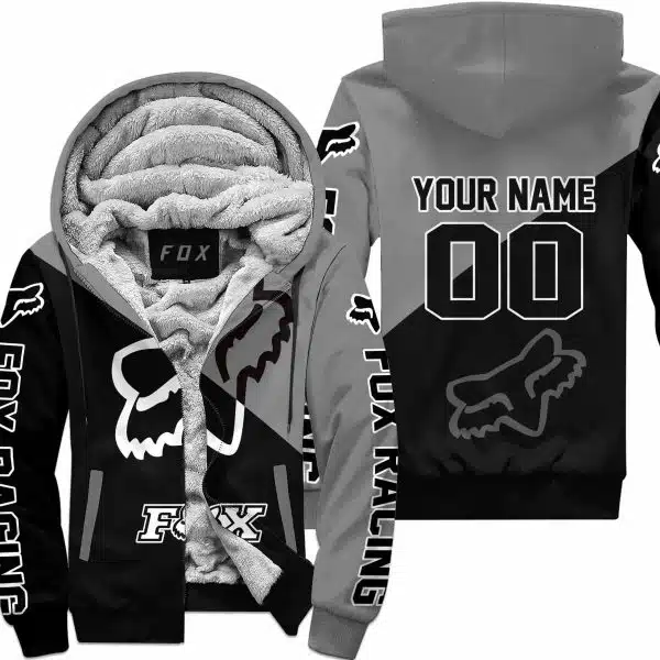 Premium Gift - Custom Name - Fox Racing - Grey - Fleece Zip Hoodie