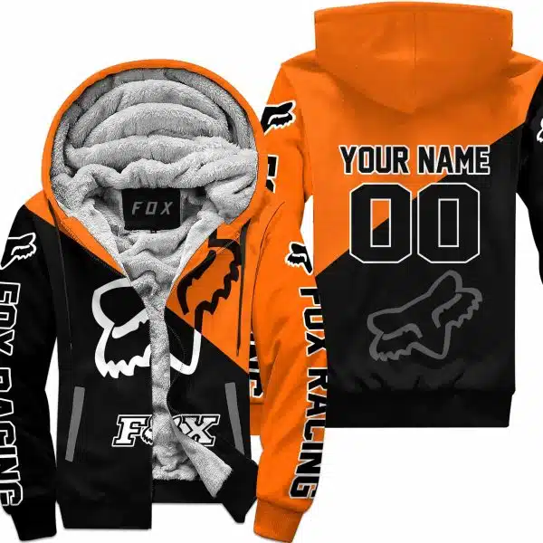 Premium Gift - Custom Name - Fox Racing - Orange - Fleece Zip Hoodie
