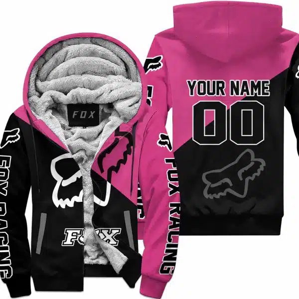 Premium Gift - Custom Name - Fox Racing - Pink 1 - Fleece Zip Hoodie